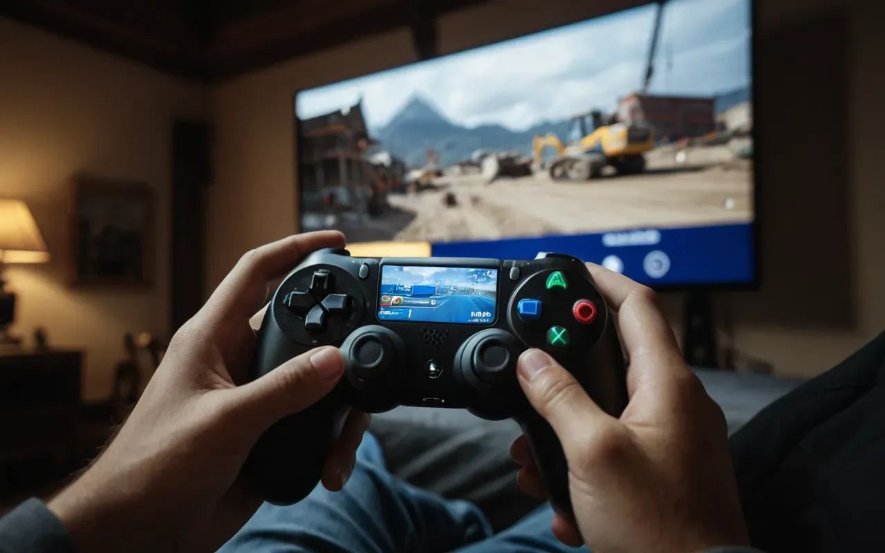 Close-up of a person holding a gaming controller in a dimly lit room with a large screen displaying a colorful construction game in the background, shallow depth of field, cinematic lighting