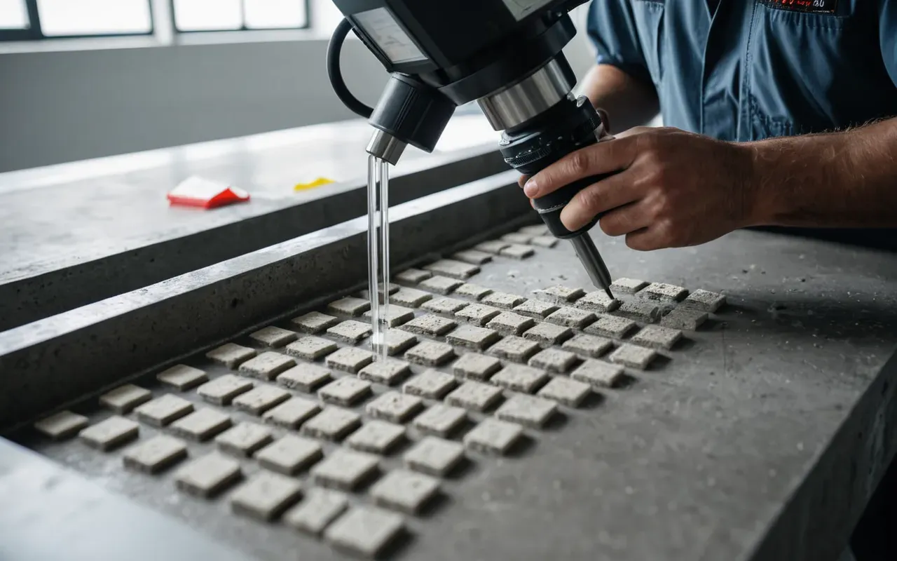 concrete quality testing Close-up of a technician inspecting concrete samples in a modern laboratory setting with testing equipment and natural daylight illuminating the workspace