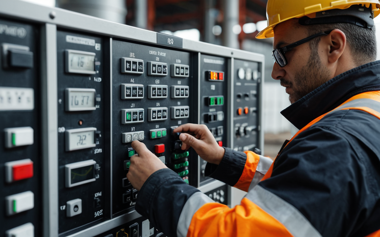 Close-up of a worker wearing safety gear adjusting a control panel with various buttons and indicators, blurred industrial background, professional lighting, no text visible