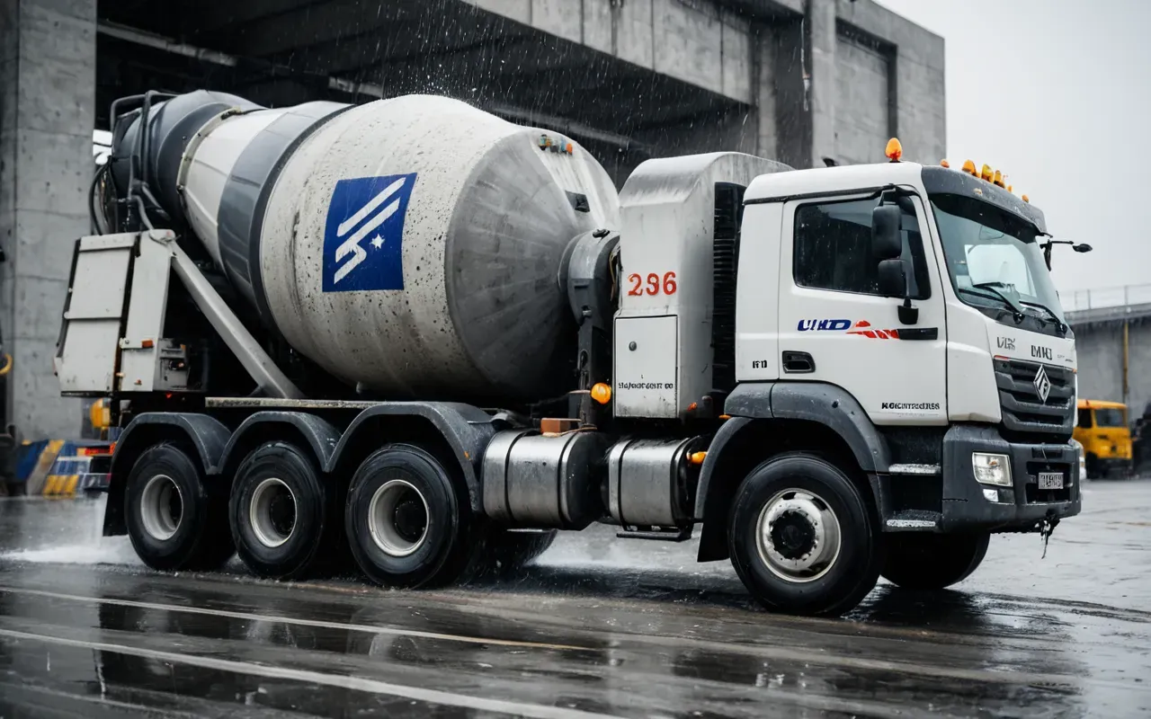 Close-up photo of a concrete mixer truck churning wet gray concrete, with a blurred industrial background, capturing the motion and texture of the mixing process in natural light