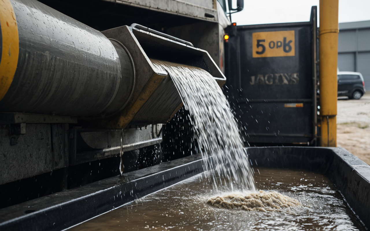 Close-up photograph of wet concrete being poured from a chute into a truck mixer, splashing texture, industrial setting, natural daylight, no text visible, high detail