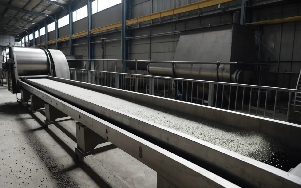concrete batching efficiency Close-up view of a stainless steel screw conveyor mechanism inside a modern concrete batching plant with dust particles visible in the air under focused lighting