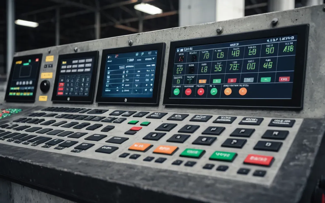 batching machinery Close up view of industrial concrete batching machinery control panel with digital displays and buttons, clean and modern industrial setting