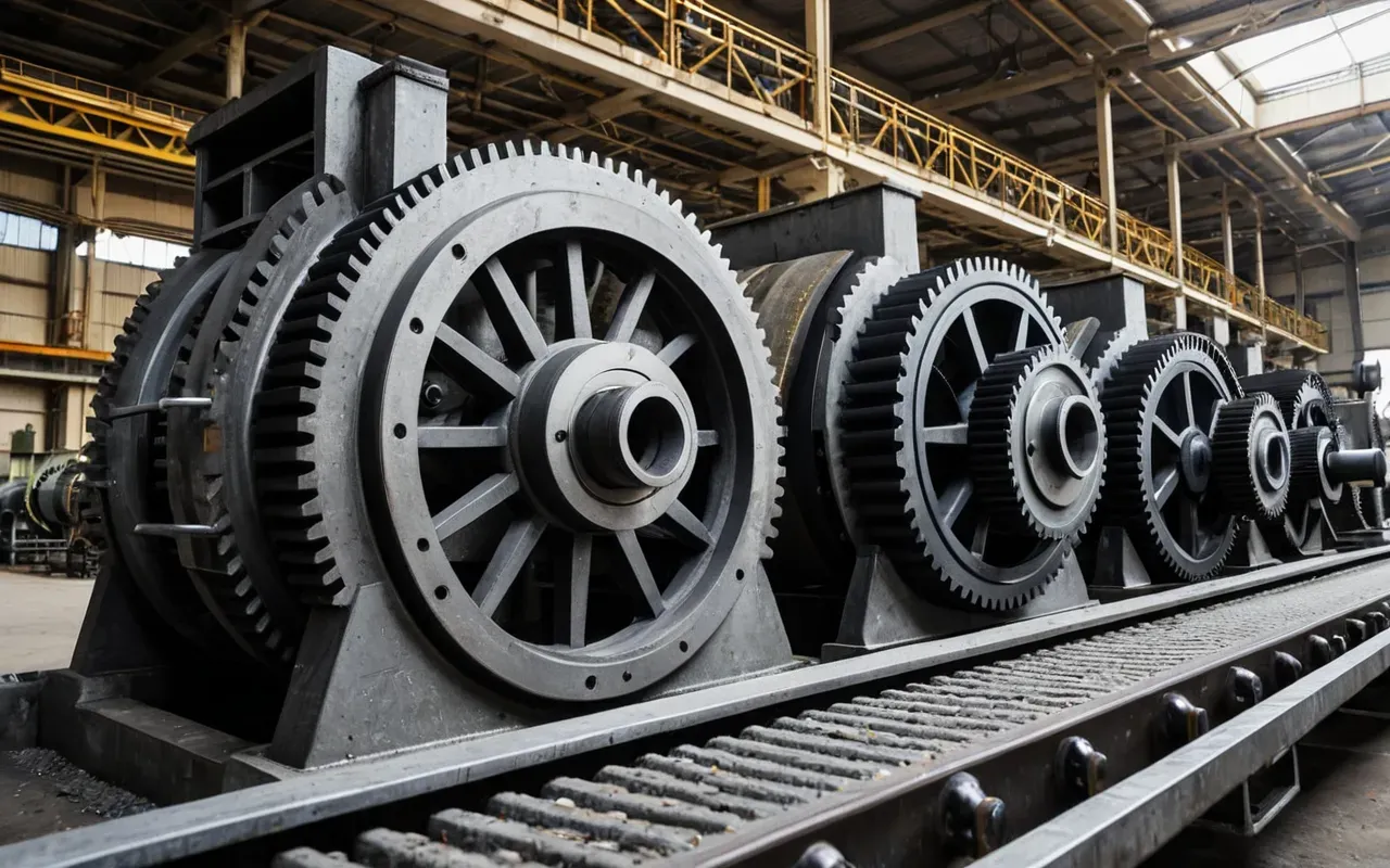 Detailed close-up of heavy industrial metal gears and conveyor belt mechanisms in a concrete plant, clean and well-maintained, bright natural lighting, high-resolution industrial photography