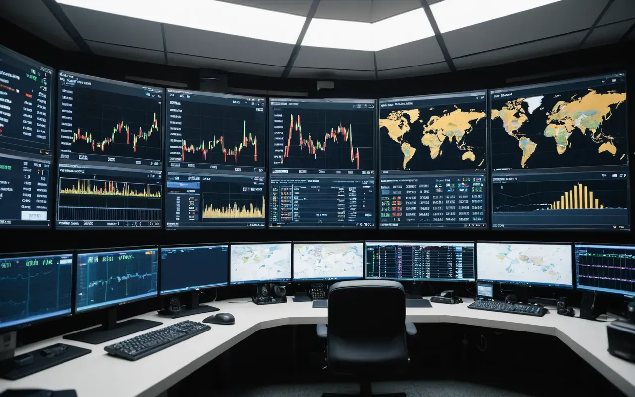 control room Editorial shot of a modern control room with large monitors displaying data graphs and industrial equipment status, clean and professional atmosphere
