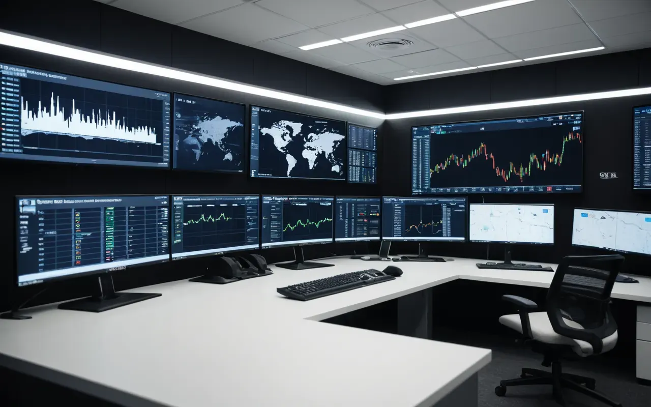 Editorial shot of a modern digital control room with multiple large screens displaying graphs and data dashboards, clean white desks, soft blue ambient lighting, emphasizing high-tech monitoring