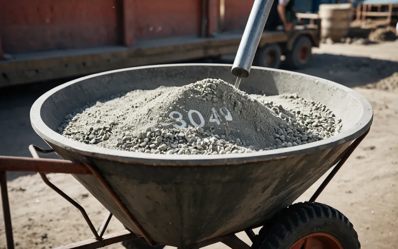 concrete batching efficiency Editorial still life of fresh concrete being poured from a chute into a wheelbarrow with a blurred construction background showing smooth texture and natural lighting