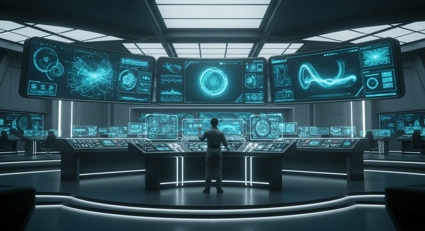 Futuristic control room panel and digital screens displaying real-time data from a dry batching plant, workers operating with high-tech equipment, metallic and sleek modern setting.