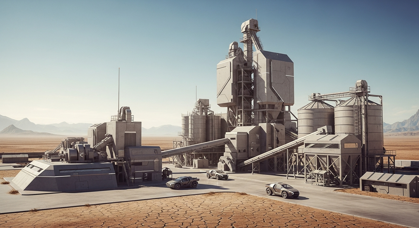 Futuristic dry batching plant with digital interfaces, flow sensors, and automated control panels in a modern construction environment