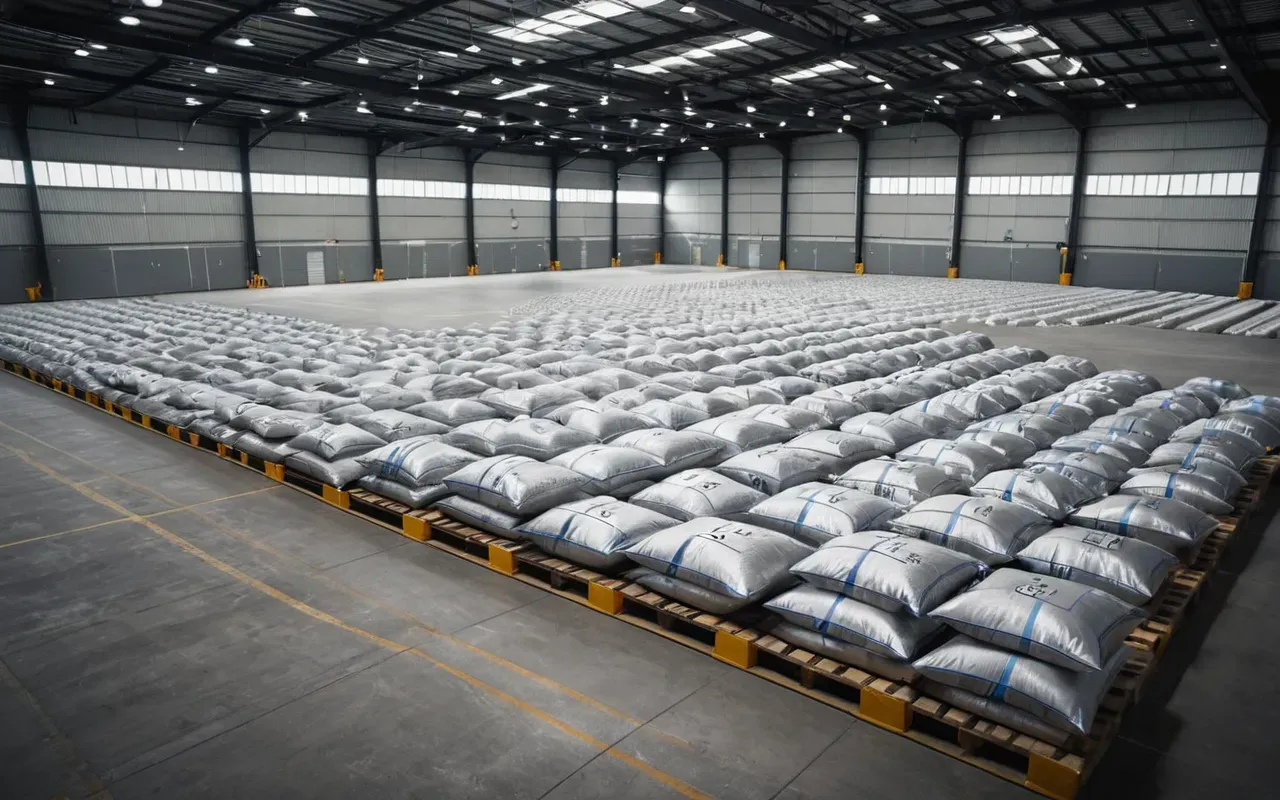 High-angle shot of a clean, modern industrial warehouse floor with neatly stacked gray concrete bags and metal pallets, bright overhead lighting, no people, emphasizing organization and raw materials