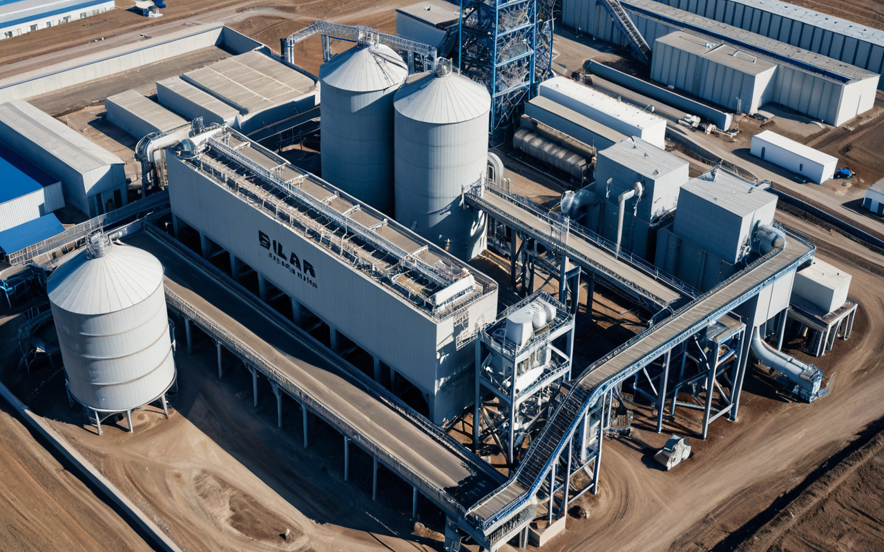 High-angle shot of a large industrial concrete batching plant structure with silos and conveyor belts, clear blue sky, modern industrial design, neutral colors, no text or signage