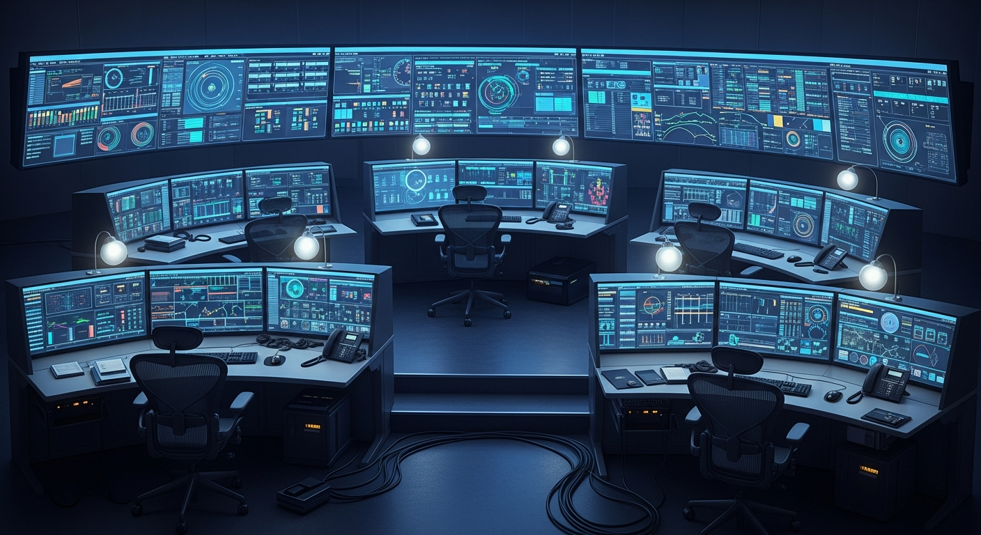 High-tech control room with digital dashboards displaying real-time data for dry concrete batching operation, illuminated with cool blue lighting