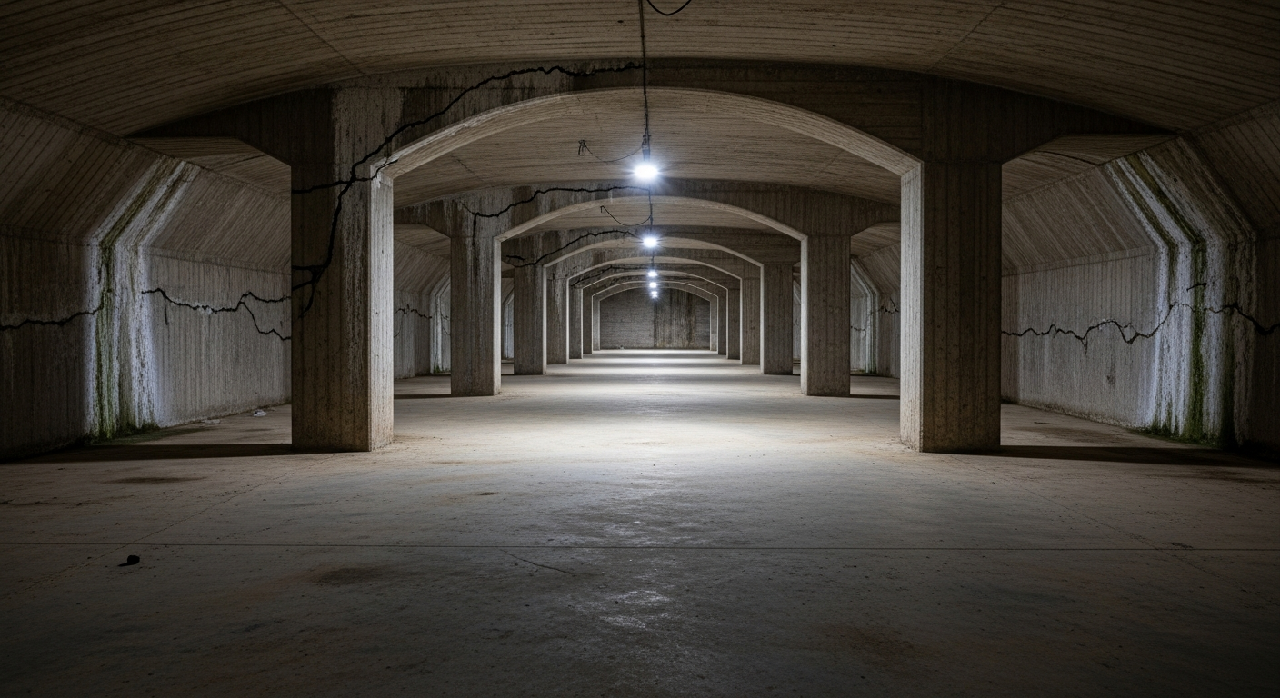 Interior shot of a dry concrete batching plant showing engineers inspecting material flow channels and conveyor systems for efficiency