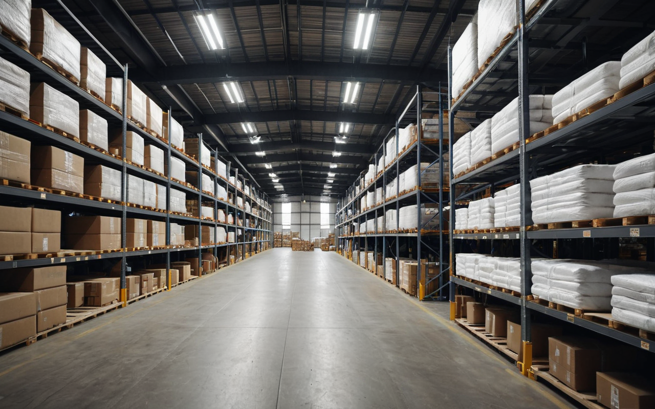 Interior view of a clean modern warehouse with stacked construction materials, organized shelving, bright artificial lighting, minimalist industrial aesthetic, no people, no text