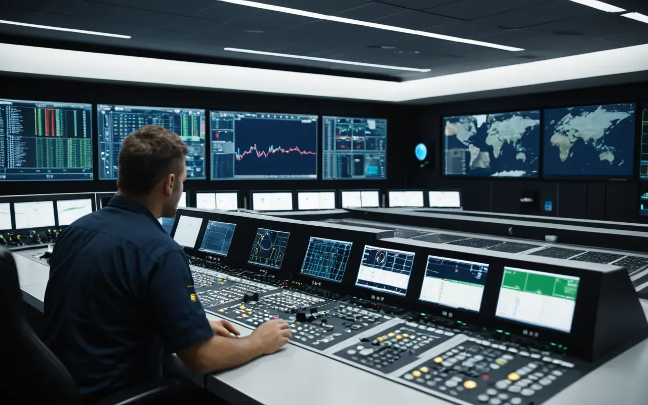 batching plant control system Interior view of a modern control room with digital screens showing real-time batching data and a technician monitoring the interface under cool LED lighting