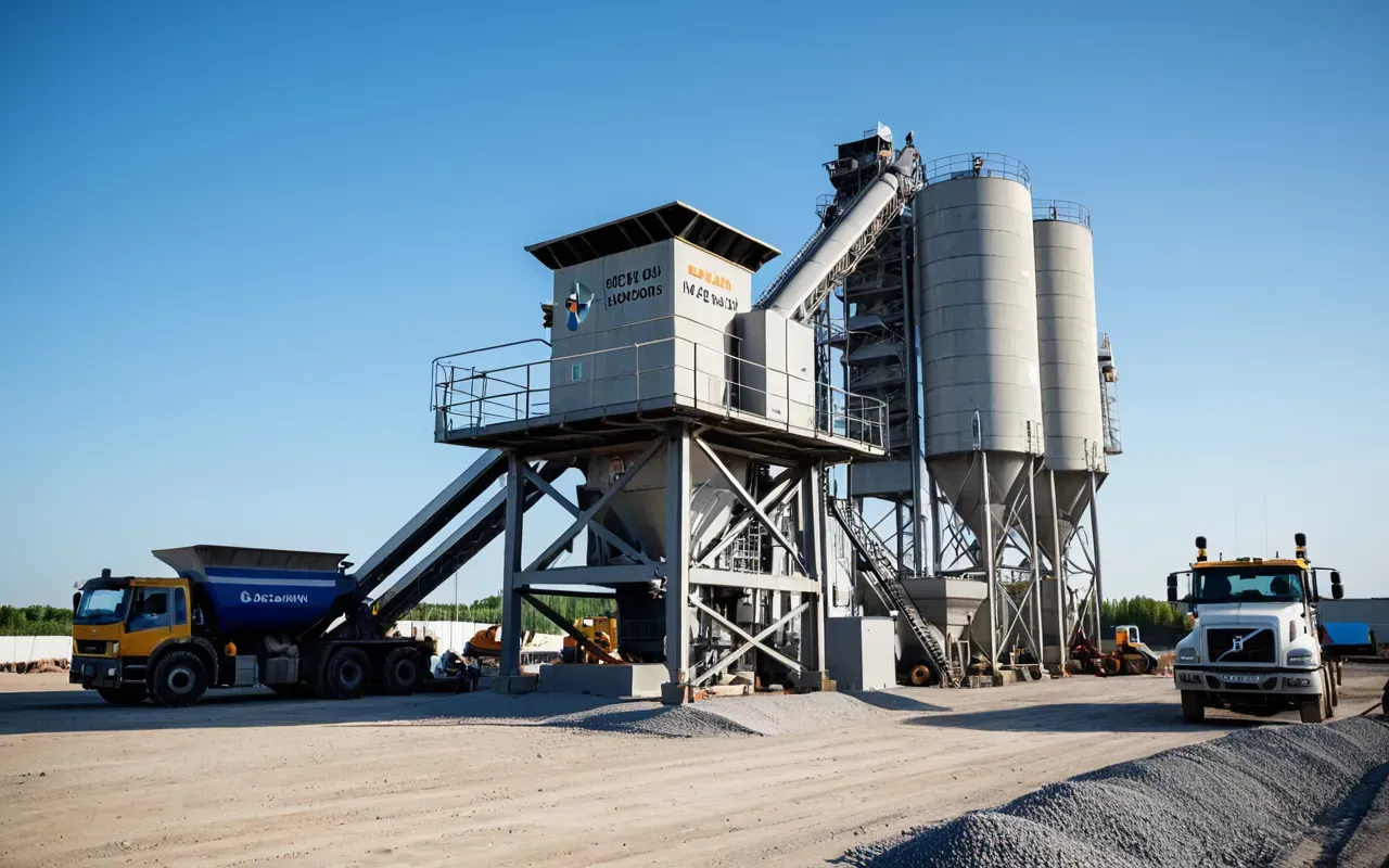 mobile dry batching units Modern mobile concrete batching plant on a construction site with a clear blue sky and a flat gravel surface showing the hydraulic supports and control cabin