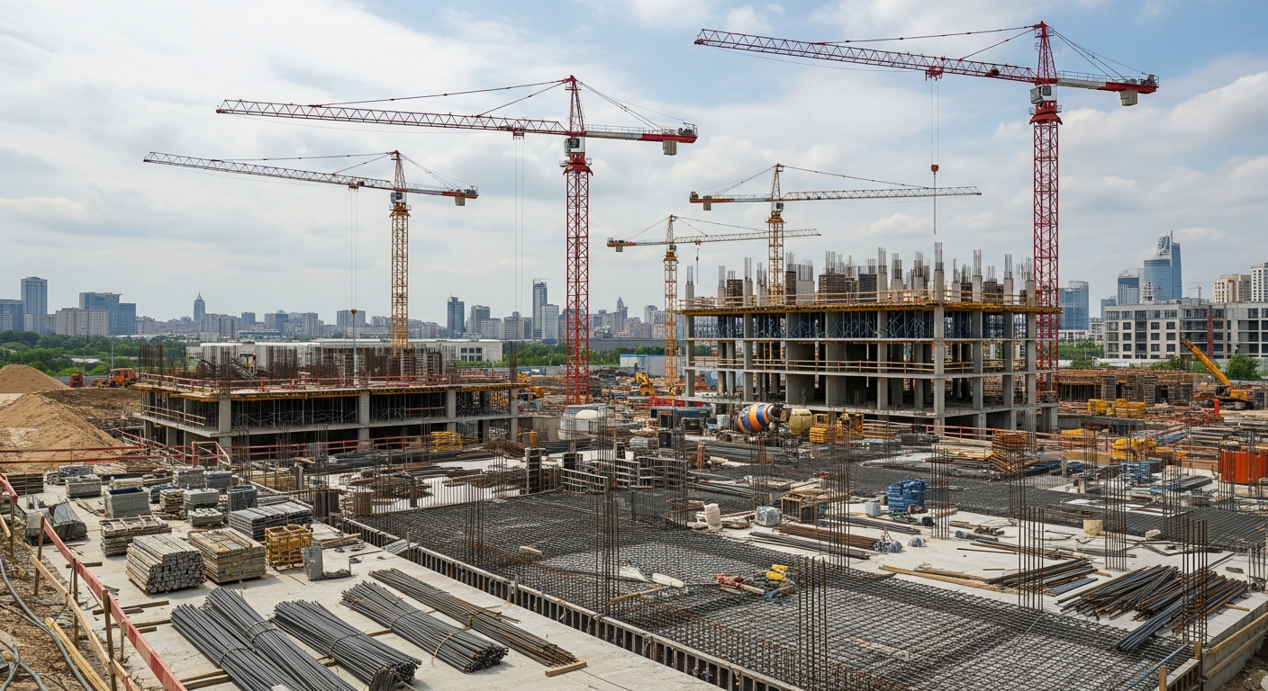 Modern urban construction site with green buildings, solar panels, and a dry batching plant operating efficiently in the background, under a bright sky.