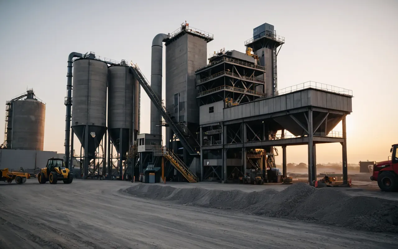 dry concrete batching plants Realistic wide shot of a modern dry concrete batching plant on a construction site at dawn with heavy machinery in the background and soft natural lighting