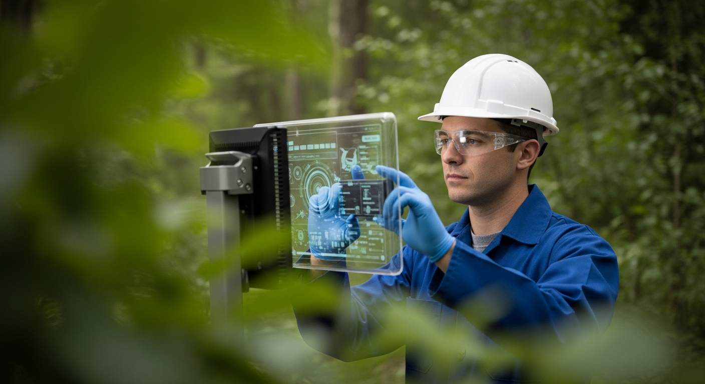 sensor analysis Technician analyzing a digital readout from a sensor attached to a batching plant conveyor system, illustrating modern predictive maintenance techniques