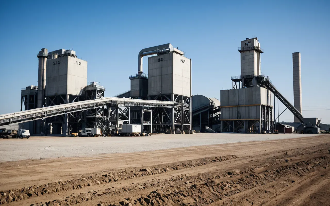 dry concrete batching plants Wide editorial photograph showing industrial dry concrete batching plant machinery against clear blue sky with modern steel structures and conveyor belts in sharp focus under bright daylight conditions