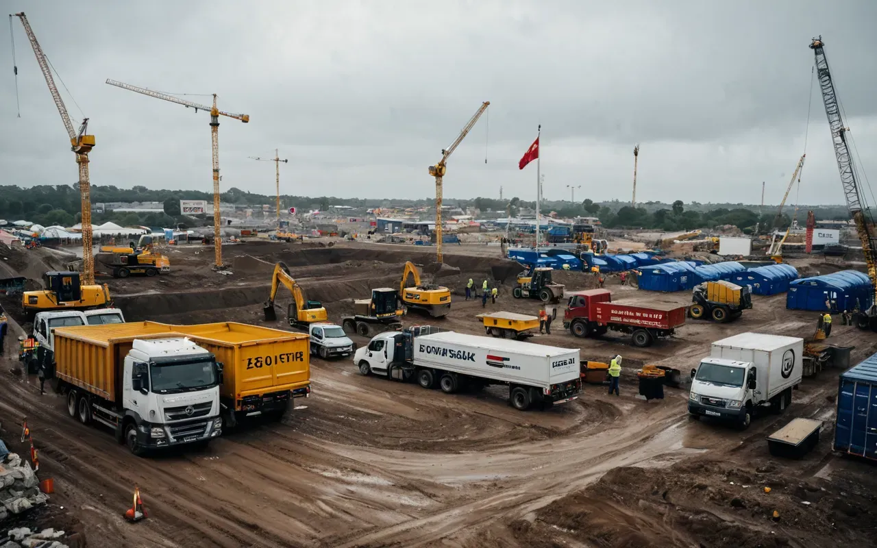construction site Wide shot of a busy construction site with multiple trucks and workers coordinating under an overcast sky, realistic and gritty atmosphere