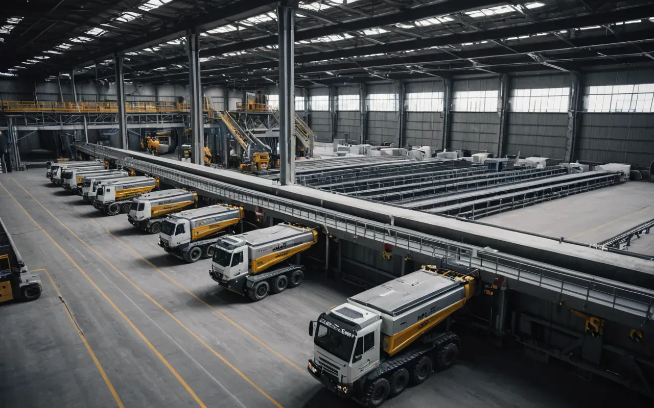automated concrete production Wide shot of a fully automated concrete batching facility with robotic arms handling materials and digital dashboards displaying real-time production metrics