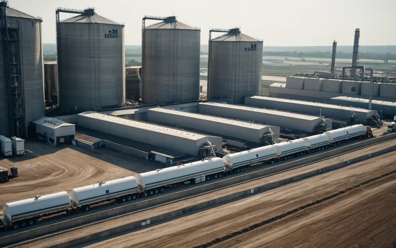 Wide shot of a massive industrial concrete batching plant facility with towering silos, conveyor belts, and mixer trucks lined up, shot in overcast daylight with a gritty, realistic atmosphere