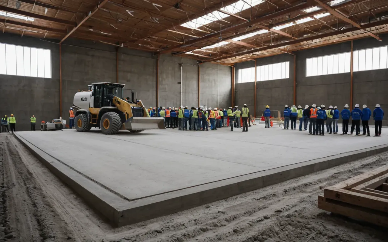 construction training Wide shot of a modern construction training facility with instructors demonstrating concrete mixing procedures to a small group of students under bright daylight