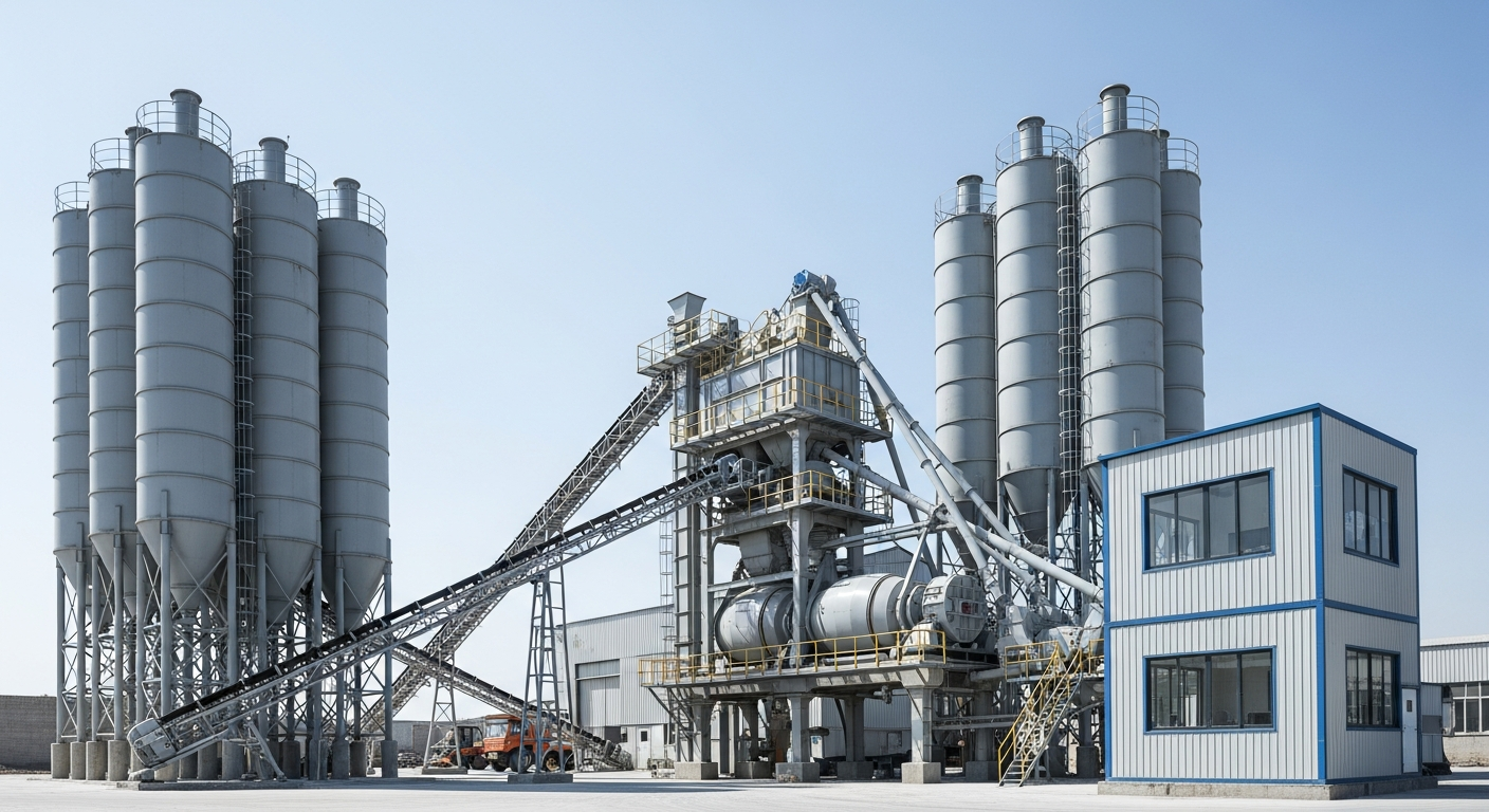 Wide shot of a modern dry concrete batching plant in an industrial setting, with silos, mixers, and control systems under bright lighting, illustrating precision in manufacturing