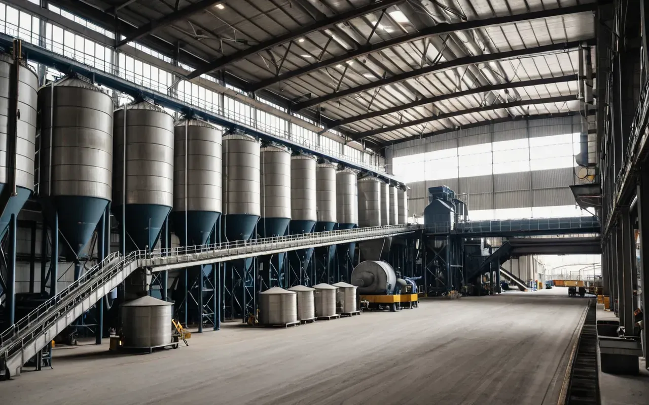 dry concrete batching plants Wide shot of a modern industrial concrete batching plant interior showing long conveyor belts and large silos under bright overhead lighting with no people visible