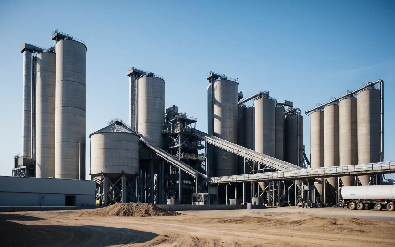 Wide shot of a modern industrial concrete batching plant with tall cement silos and conveyor belts under a clear blue sky, realistic architectural photography, neutral gray and white tones