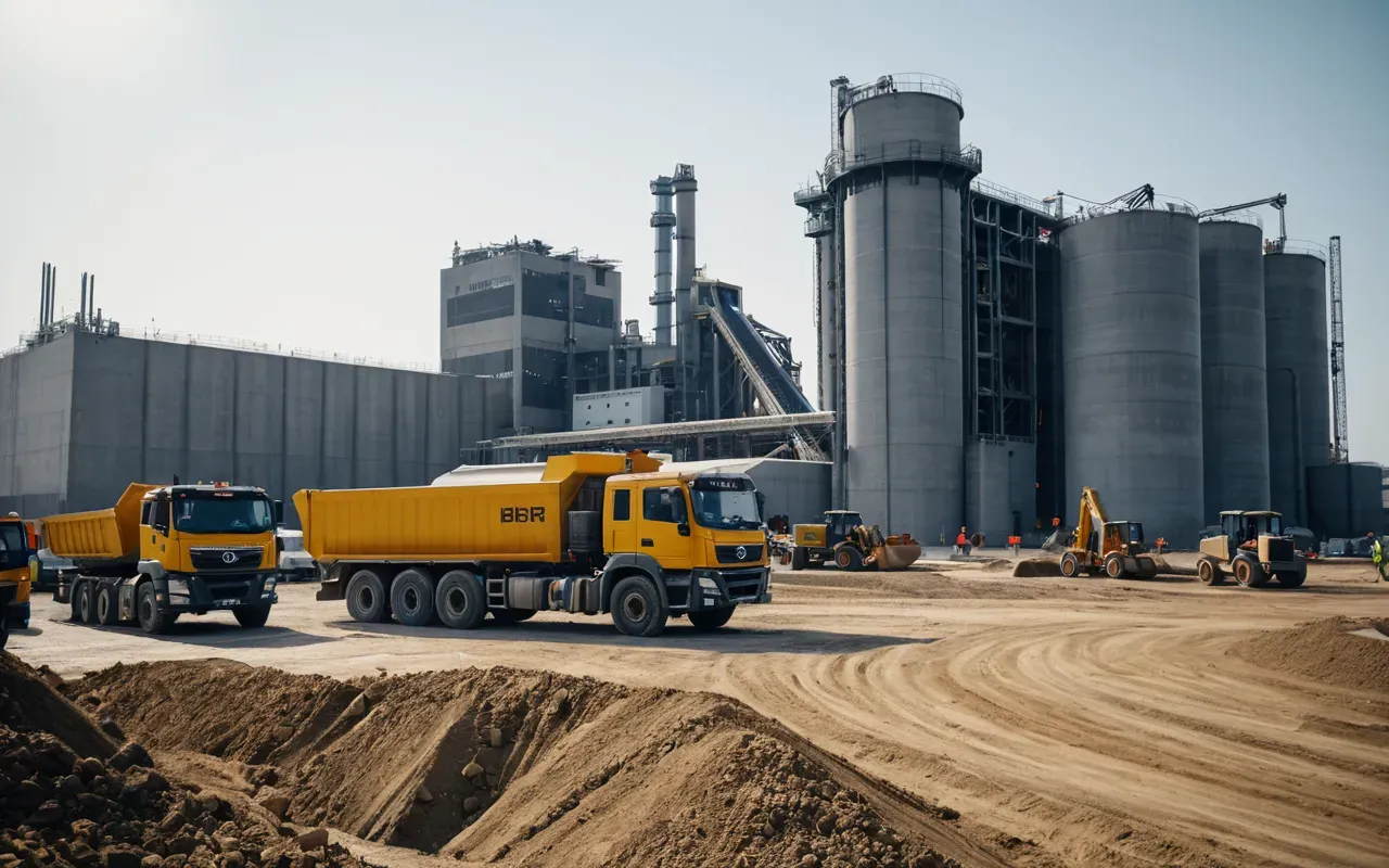 construction site Wide shot of a modern industrial construction site with large concrete batching plant machinery, heavy trucks, and workers in safety gear under bright daylight