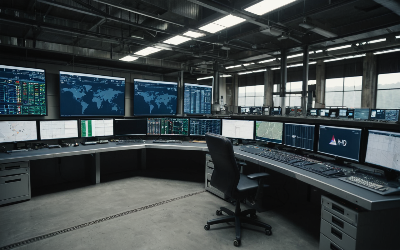 Wide shot of a modern industrial control room with multiple monitors displaying data, concrete batching plant equipment visible through large windows in the background, professional operator standing at the console, neutral lighting