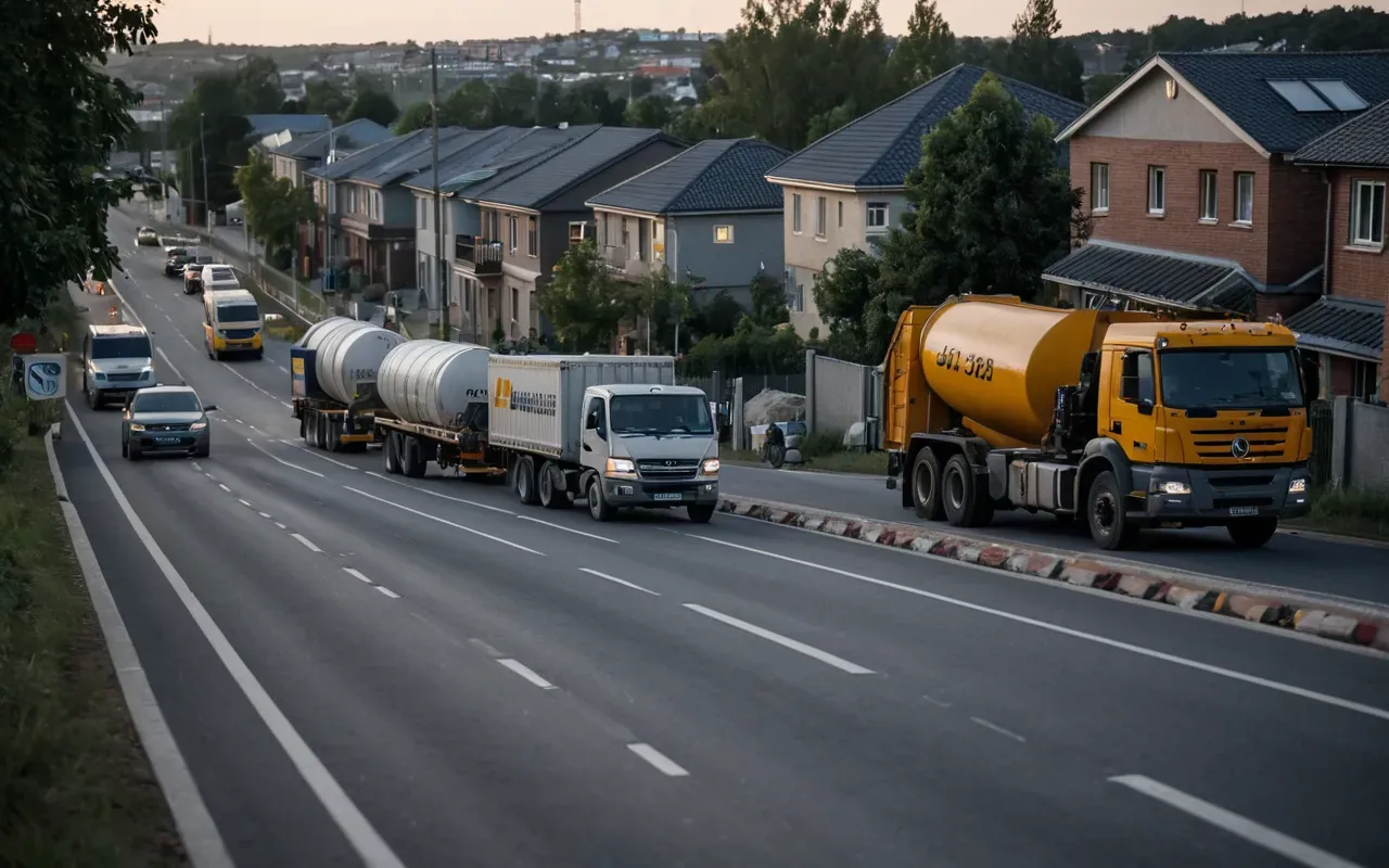 A busy construction site at dusk with concrete trucks moving along a paved road near residential houses, highlighting the interaction between industrial logistics and daily urban life.