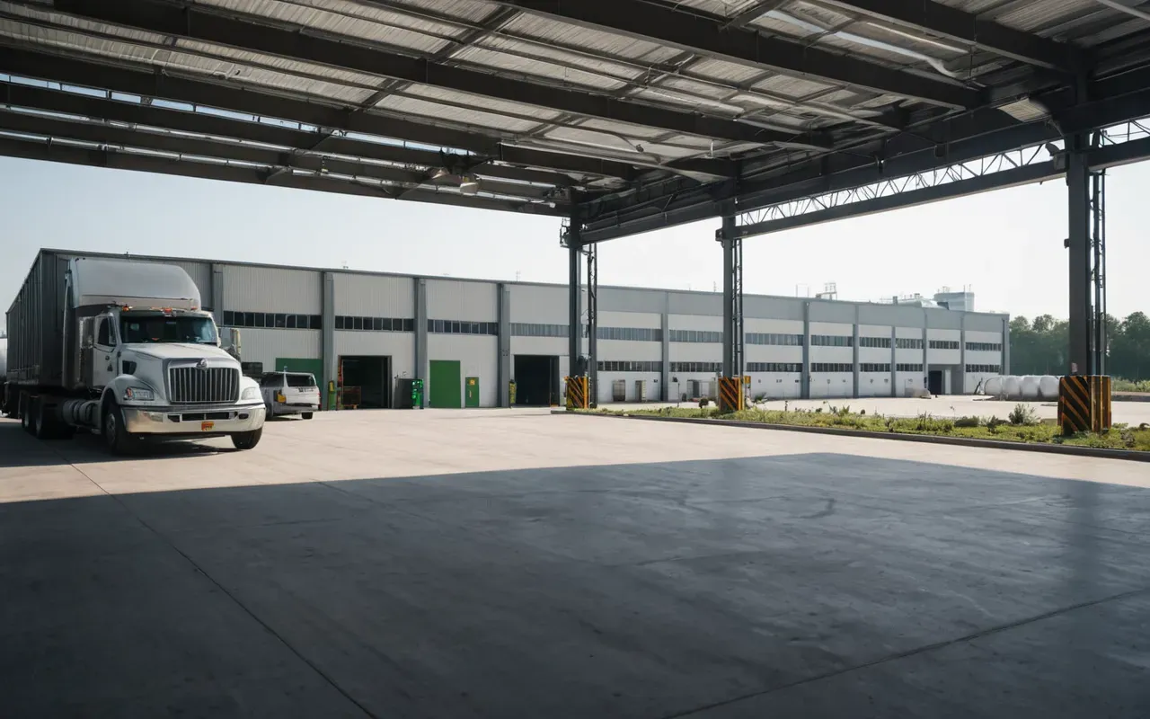 A clean and modern concrete production facility with advanced filtration systems visible on the roof, set in a well-maintained industrial park with green landscaping around it.