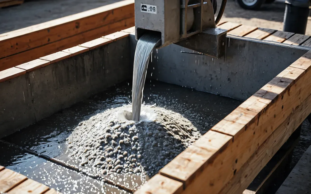 A close-up view of a concrete mixer discharge chute pouring wet grey mix onto a wooden formwork system in bright daylight with visible texture and moisture sheen on the surface no people present clean industrial setting