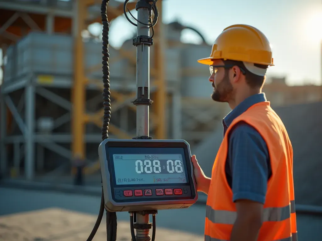 A close up view of a digital concrete batch plant scale showing precise measurements with a worker in safety gear checking the readout under bright daylight.