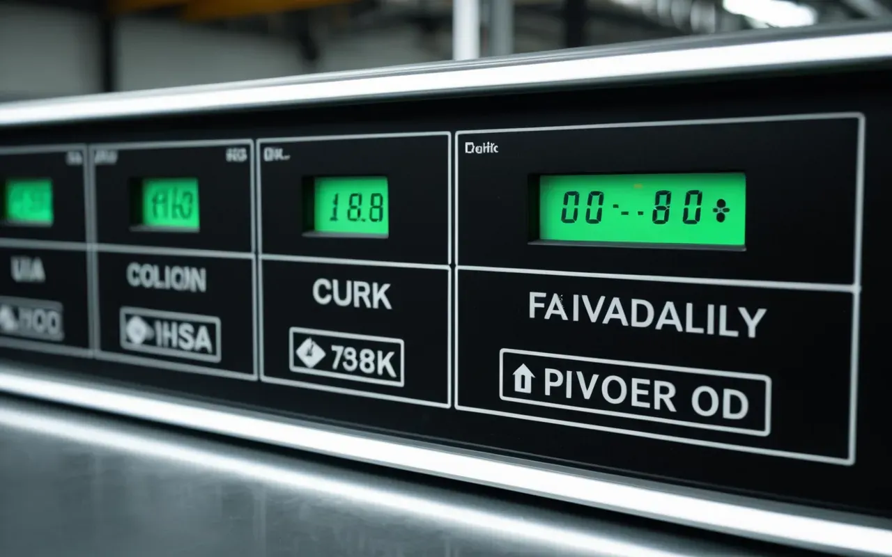 A close up view of a modern industrial control panel with glowing green indicator lights and complex wiring visible behind the glass surface in a clean factory environment