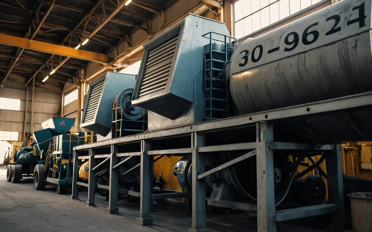 A close-up view of heavy-duty concrete mixing machinery with hydraulic arms and metal hoppers in an industrial setting during golden hour lighting.