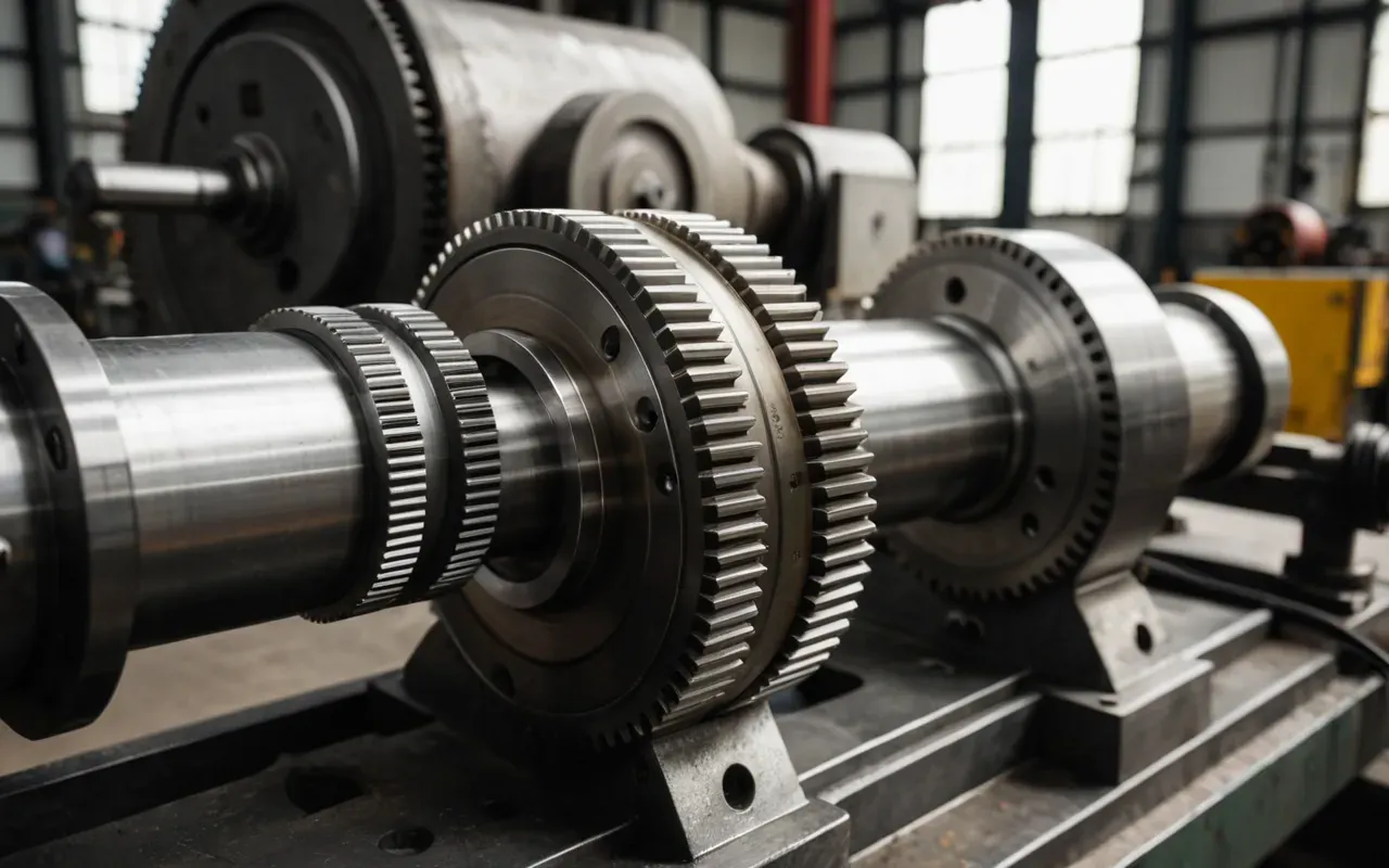 A close-up view of heavy industrial machinery gears turning slowly in a well-lit workshop environment, showcasing precision engineering and metallic textures without any visible labels or text.