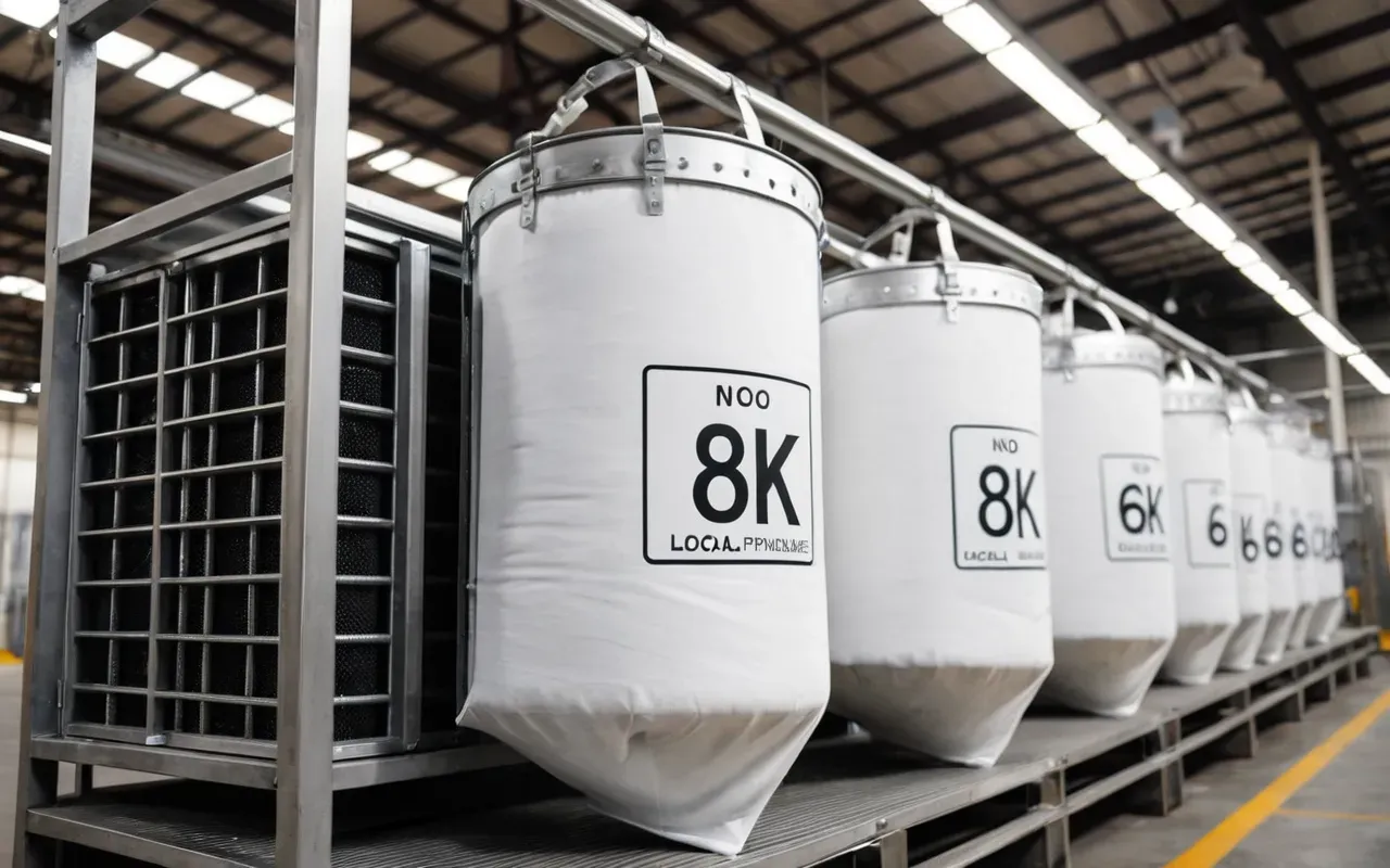 A close up view of large industrial filter bags inside a metal housing with clean air vents and stainless steel pipes in a bright warehouse setting.