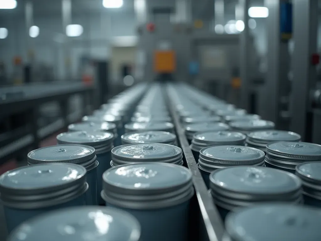 A detailed close-up photograph showing a modern factory production line filling sealed containers with smooth gray finishing compound. Stainless steel machinery and digital control panels visible. Clean industrial lighting highlights precise manufacturing conditions. No readable text or branding on equipment.