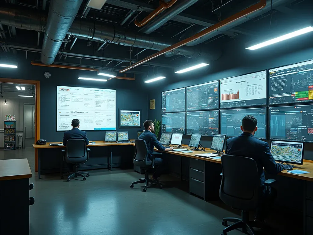 A detailed photo-realistic view of a concrete batching plant control room interior. Engineers monitor digital dashboards displaying real-time production metrics and environmental data. The room is modern, well-lit, and features ergonomic workstations. Large windows overlook the facility floor. No text, screens with readable words, or branding is visible.