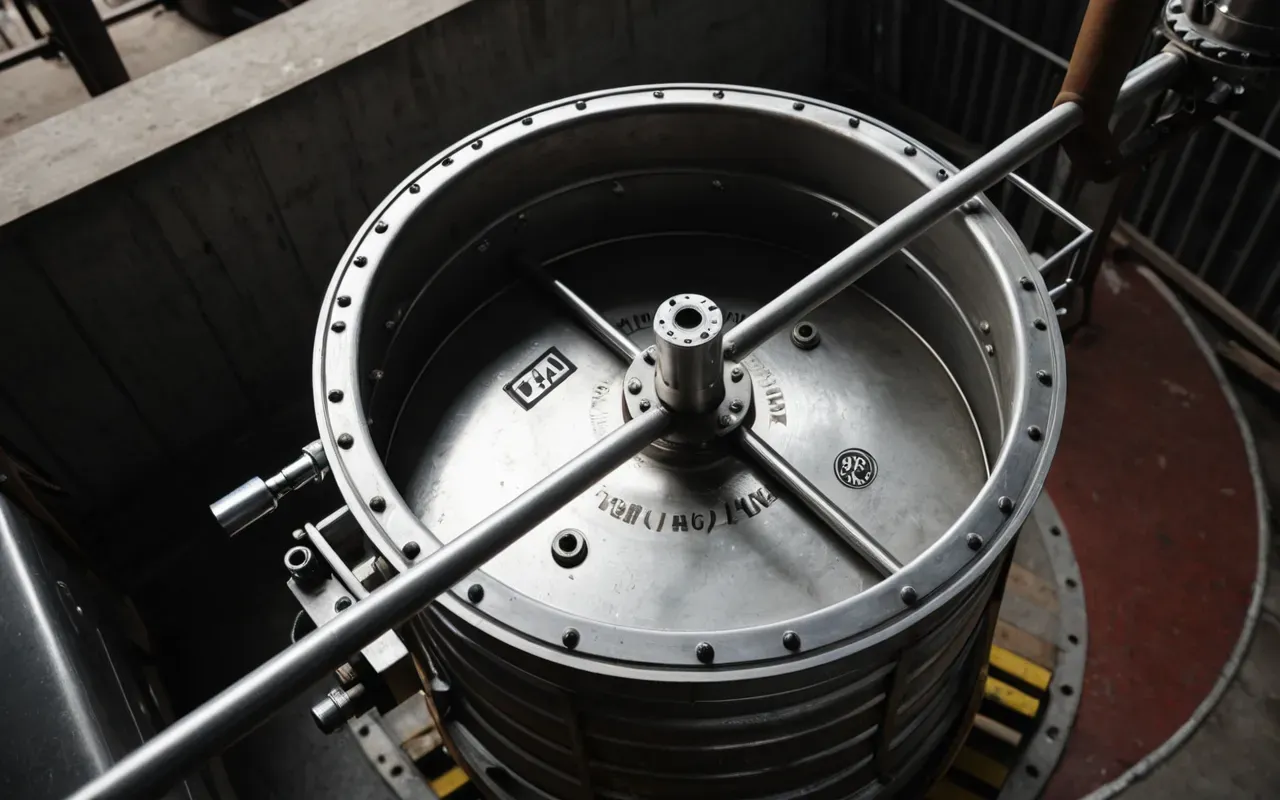 A detailed view of a mechanical mixing drum with smooth metal surfaces and hydraulic arms attached in an industrial setting with soft ambient lighting from above the machinery