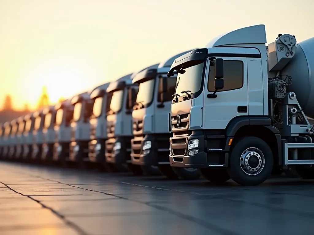 A fleet of modern concrete mixer trucks lined up in a clean paved yard at dawn with soft golden light reflecting off their metallic surfaces and no visible text or logos.