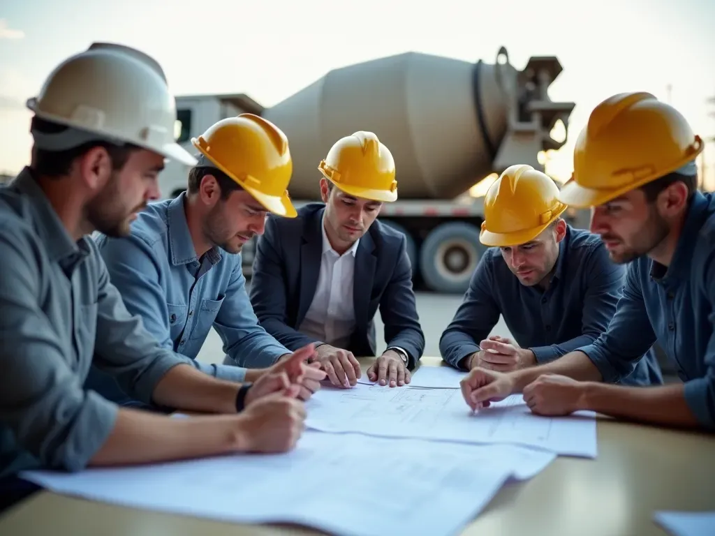 construction engineering team A group of professional engineers in hard hats reviewing blueprints on a table at an outdoor site with a large concrete mixer truck visible in the background.