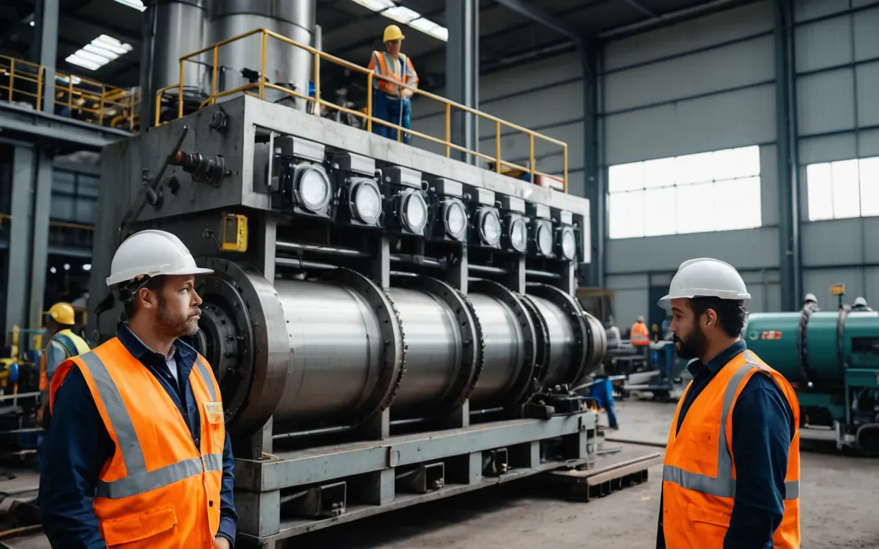 A group of professional workers in safety vests standing near a large industrial machine observing a process with focused attention and bright daylight illuminating the scene clearly