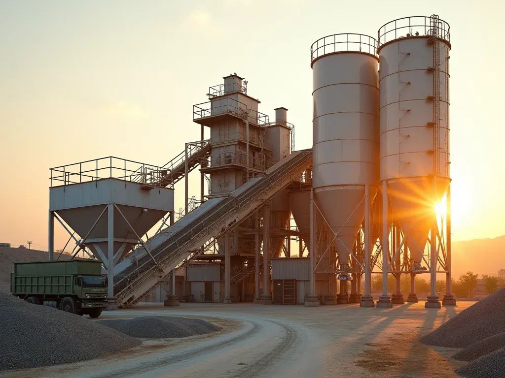 dry batching plant design A high-resolution photo of a dry concrete batching plant exterior during golden hour sunlight. The facility features large silos and mixing units with clean metallic surfaces. Green vegetation surrounds the base creating contrast between industry and nature.
