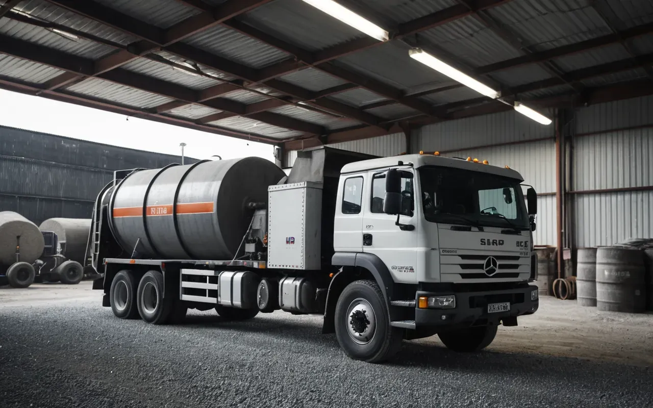 A large commercial truck with an open drum being loaded with gray gravel and cement powder in a covered industrial bay with bright overhead lighting.