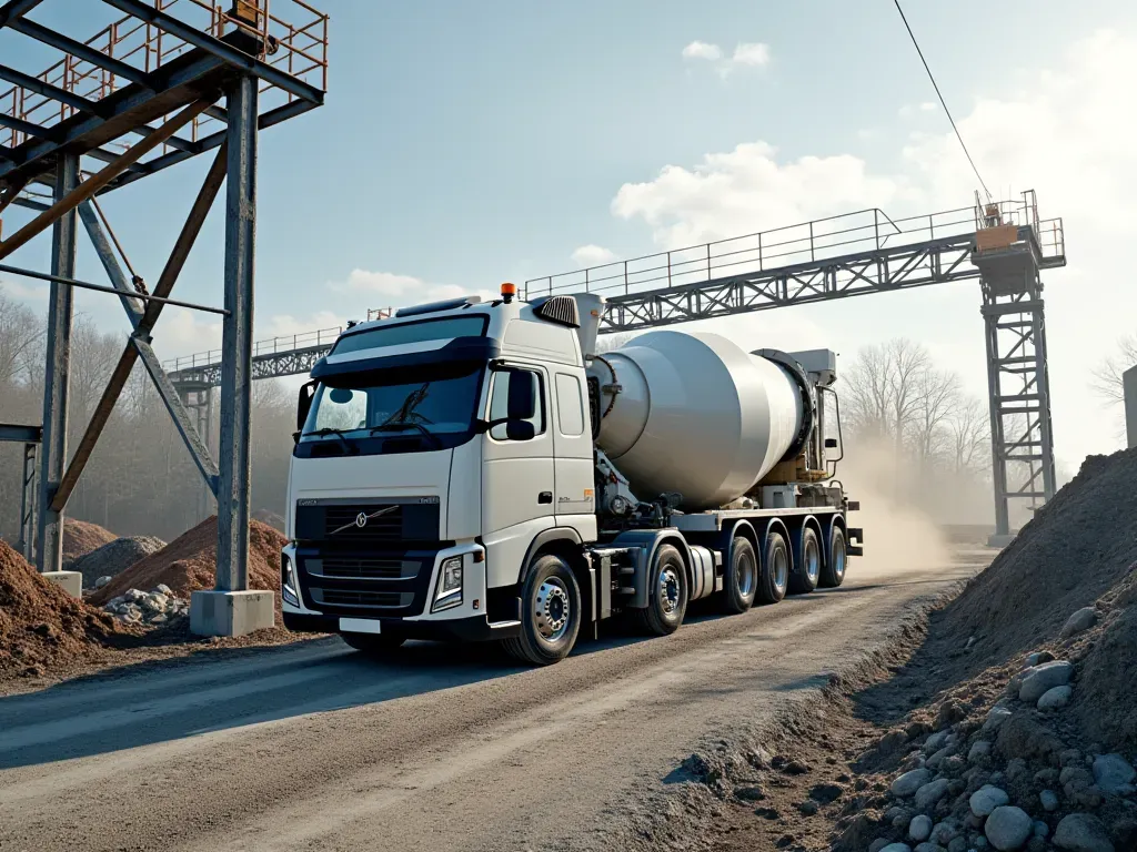 A modern construction site with a large truck delivering ready-mix concrete to a steel framework under bright daylight showing industrial precision and safety gear worn by workers